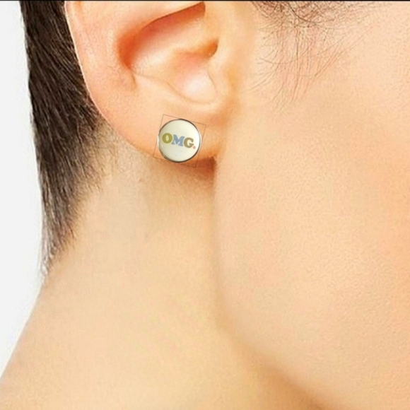 Cream silver snarky acronym OMG graphics Handmade round stud earrings NWT - Picture 11 of 16